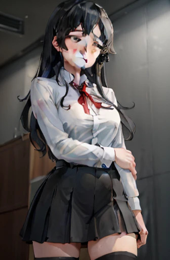 (full figure:1.1), 1 girl as yukino yukinoshita, absurdres, highres, solo, school uniform, big breasts, waist long black hair, (twintails:0.5), miniskirt, black thighhigh socks, loose red ribbon, unbuttoned white shirt, (ahegao:1.1), (rolling eyes:1.1), (female masturbation:1.1)