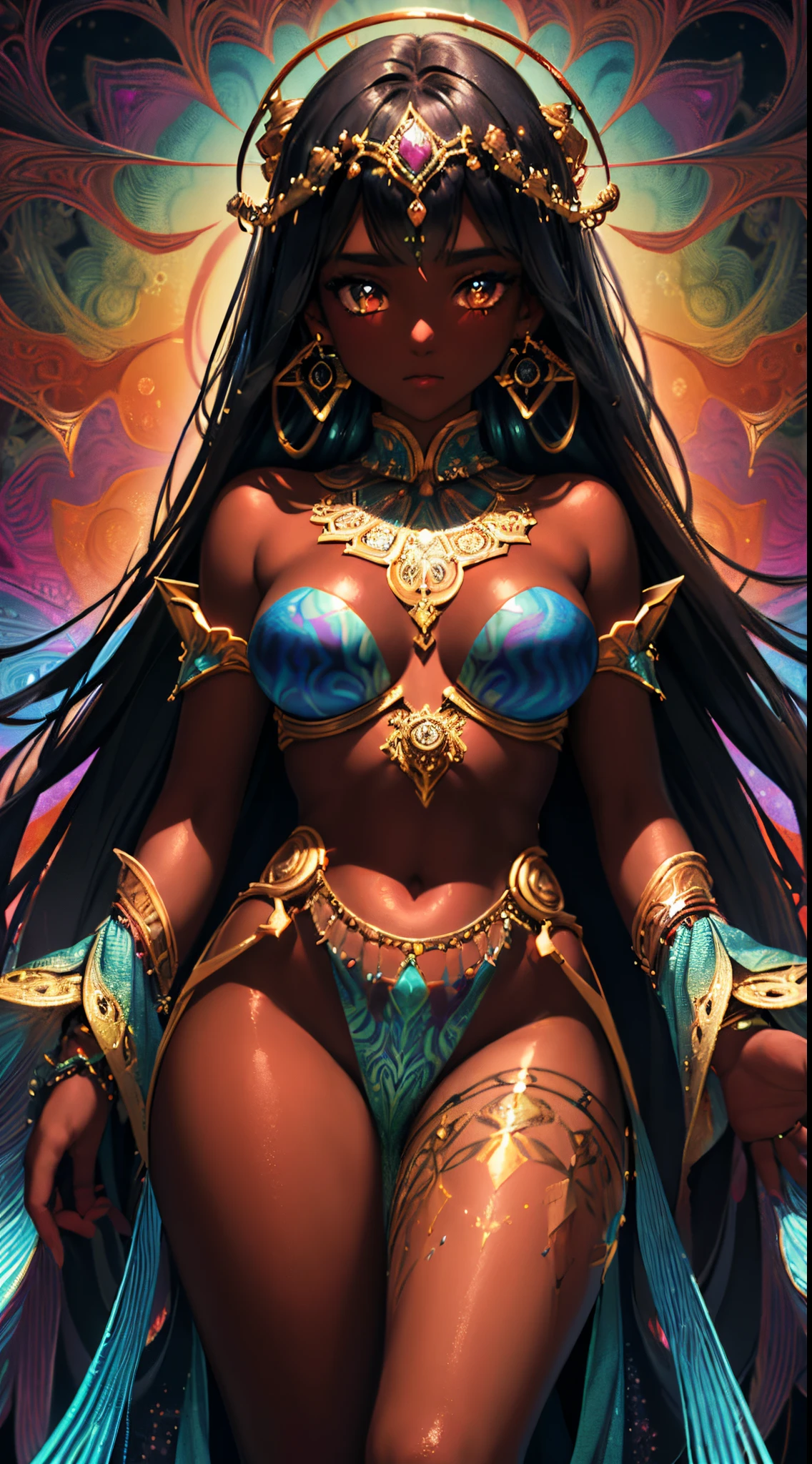{Celestial hues, lofi, shiny aura, cute, skin girl with dark skin and black hair, big pretty realistic eyes, golden tribal markings} solo ((( perfect dark skintone, perfect flawless face))), highly detailed, holographic glowing motifs, geometric, perfect composition , beautiful, perfect eyes, full lips, 96k, best quality, full shot ))) (masterpiece, top quality, best quality, official art, beautiful and aesthetic:1.2), (1girl:1.3), extremely detailed,(fractal art:1.1),(colorful:1.1),highest detailed,(zentangle:1.2), (dynamic pose), (abstract background:1.5), (gradient dress:1.2), (shiny skin), (many colors:1.4), ,(earrings:1.4),