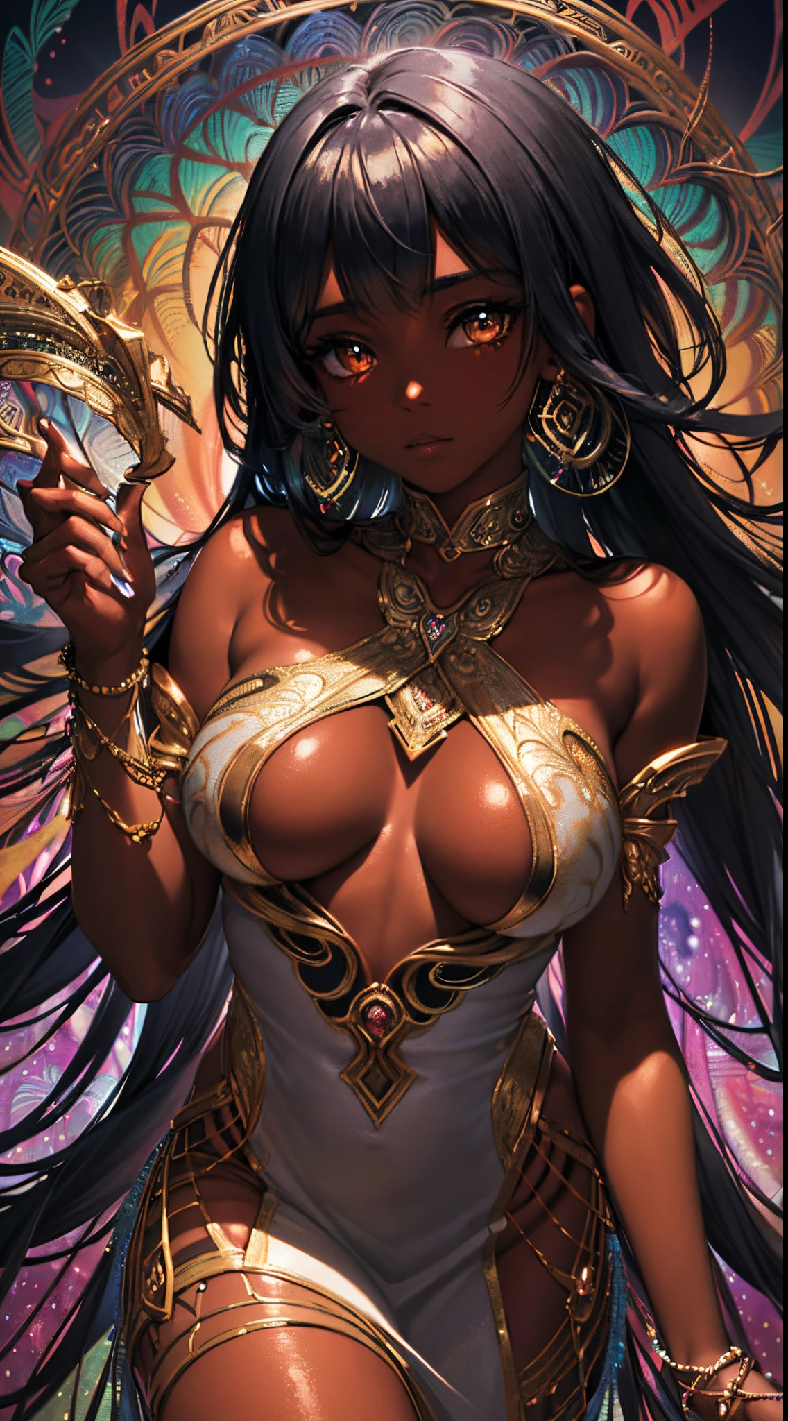 {Celestial hues, lofi, shiny aura, cute, skin girl with dark skin and black hair, big pretty realistic eyes, golden tribal markings} solo ((( perfect dark skintone, perfect flawless face))), highly detailed, holographic glowing motifs, geometric, perfect composition , beautiful, perfect eyes,  full lips, 96k, best quality, full shot ))) (masterpiece, top quality, best quality, official art, beautiful and aesthetic:1.2), (1girl:1.3), extremely detailed,(fractal art:1.1),(colorful:1.1),highest detailed,(zentangle:1.2), (dynamic pose), (abstract background:1.5), (gradient dress:1.2), (shiny skin), (many colors:1.4), ,(earrings:1.4),