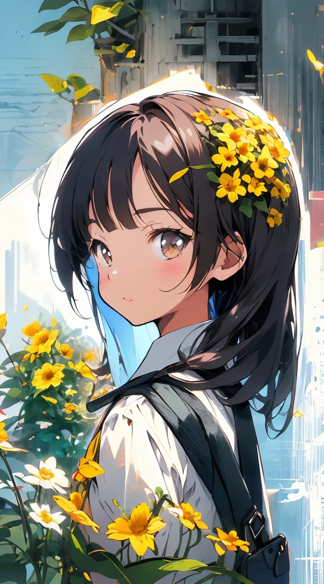 Tip: A very charming little girl with a backpack and her cute puppy enjoying a lovely spring outing surrounded by beautiful yellow flowers and nature. The illustration is a high-definition illustration in 4k resolution, featuring highly detailed facial features and cartoon-style visuals.