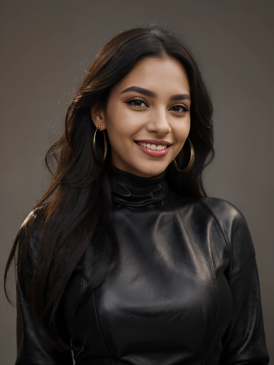 Photorealistic, Brazilian woman portrait, long straight hair, black curly hair, earrings, big bold black eyes, bold shadows, huge eyelashes, black leather turtleneck dress, full lips, happy smile, pretty smile