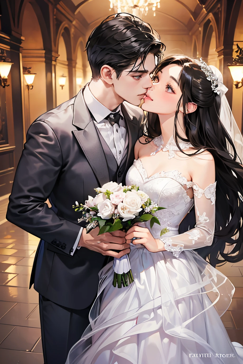 (masutepiece, Digital Art, Digital Illustration, 4K, 8K, Ultra-detailed, beautiful image, Sharp Image, Photorealistic, Raw photo, Perfect face, Perfect lines, Perfect eyes, Soft lighting) ,1 woman, (Long Black Hair,straight haired,Bullish gaze,Beautie,ellegance,Solid makeup,23 y-o woman,small tits:1.3),Two handsome men in suits, (ember,well-muscled,Firm shoulder width, Man's,Boyish hairstyle,English gentlemanly style,Man in his 30s with a cool expression,28-year-old man with bright smile:1.2),Show white teeth and smile(embarrassed from,Shy smile:1.1),shores,Beach,beach wedding、innocent smiles,Laugh、couple kissing、kiss、the kiss、Romance、Mermaid Line Wedding Dresses、Wedding、bouquet of beiragnoria