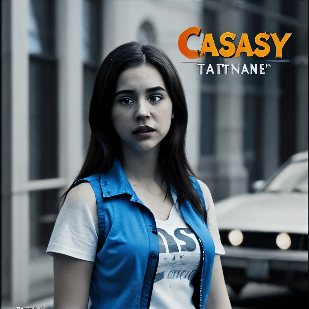 disney pixar inspired movie poster with a title "Cassidy" about a young adult female with a black and white strip vest ,with a blue t-shirt and also a bantana