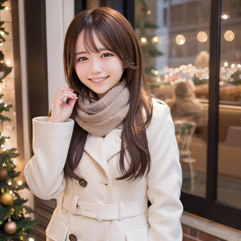 Illumination, Christmas, outdoor, long white coat, smile, brown hair, shoulder length, scarf