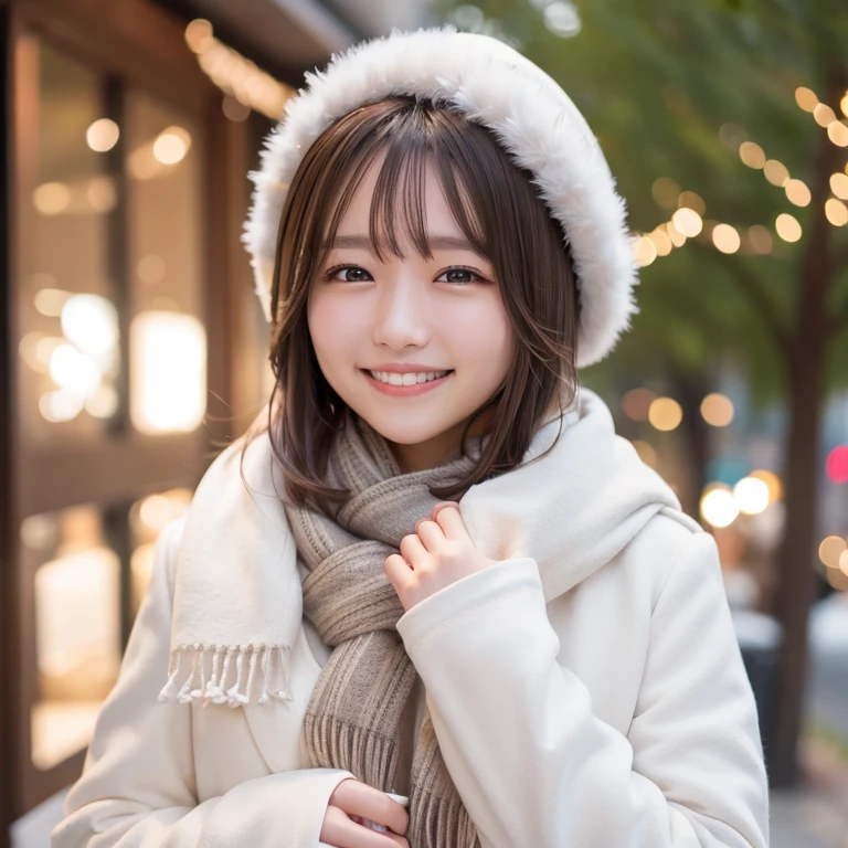 Illumination, Christmas, outdoor, long white coat, smile, brown hair, shoulder length, scarf