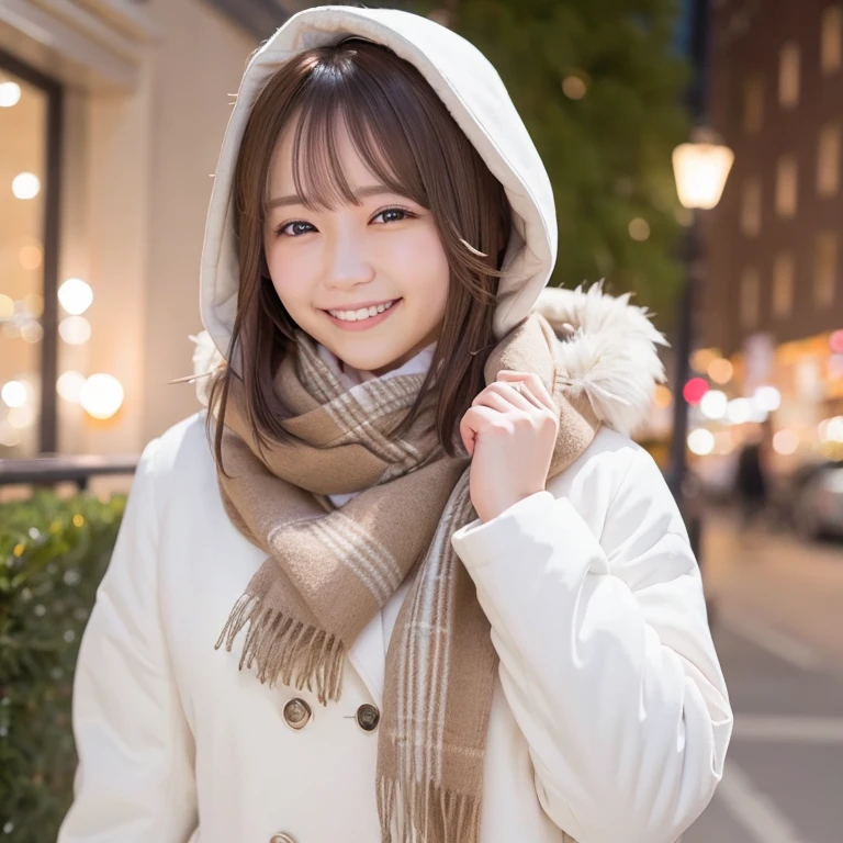 Illumination, Christmas, outdoor, long white coat, smile, brown hair, shoulder length, scarf