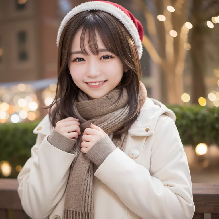 Illumination, Christmas, outdoor, long white coat, smile, brown hair, shoulder length, scarf