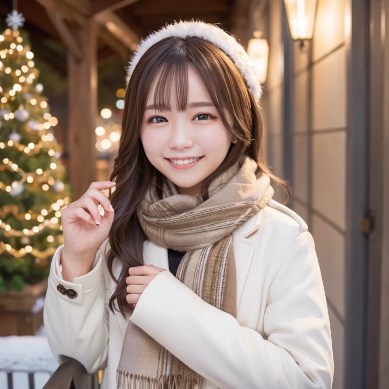 Illumination, Christmas, outdoor, long white coat, smile, brown hair, shoulder length, scarf