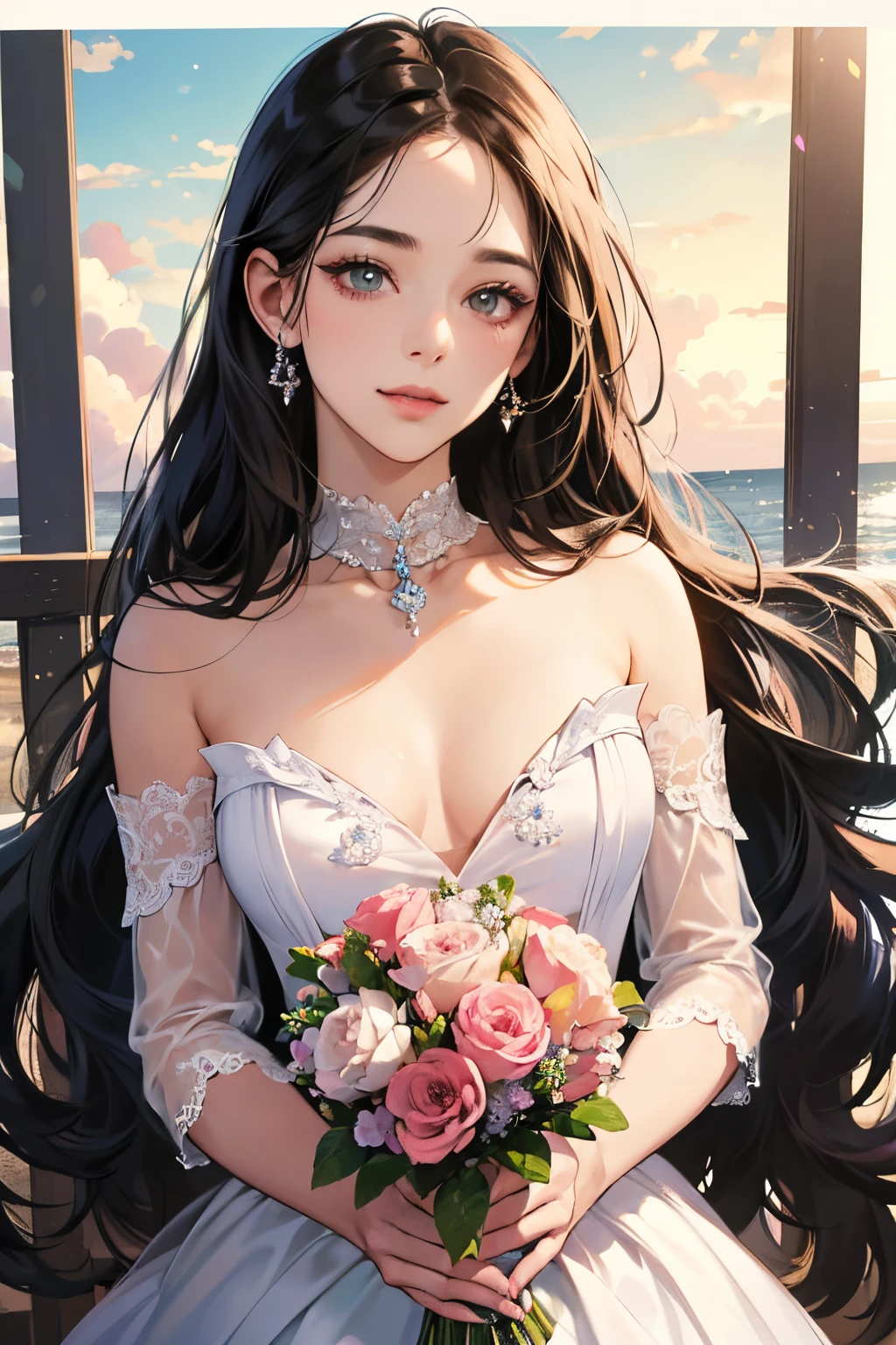 (masutepiece, Digital Art, Digital Illustration, 4K, 8K, Ultra-detailed, beautiful image, Sharp Image, Photorealistic, Raw photo, Perfect face, Perfect lines, Perfect eyes, Soft lighting) ,1 woman, (Long Black Hair,straight haired,Bullish gaze,Beautie,ellegance,Solid makeup,23 y-o woman,small tits:1.3),Two handsome men in suits, (ember,well-muscled,Firm shoulder width, Man's,Boyish hairstyle,English gentlemanly style,Man in his 30s with a cool expression,28-year-old man with bright smile:1.2),Show white teeth and smile(embarrassed from,Shy smile:1.1),shores,Beach,beach wedding、innocent smiles,Laugh、couple kissing、kiss、the kiss、Romance、Mermaid Line Wedding Dresses、Wedding、bouquet of beiragnoria