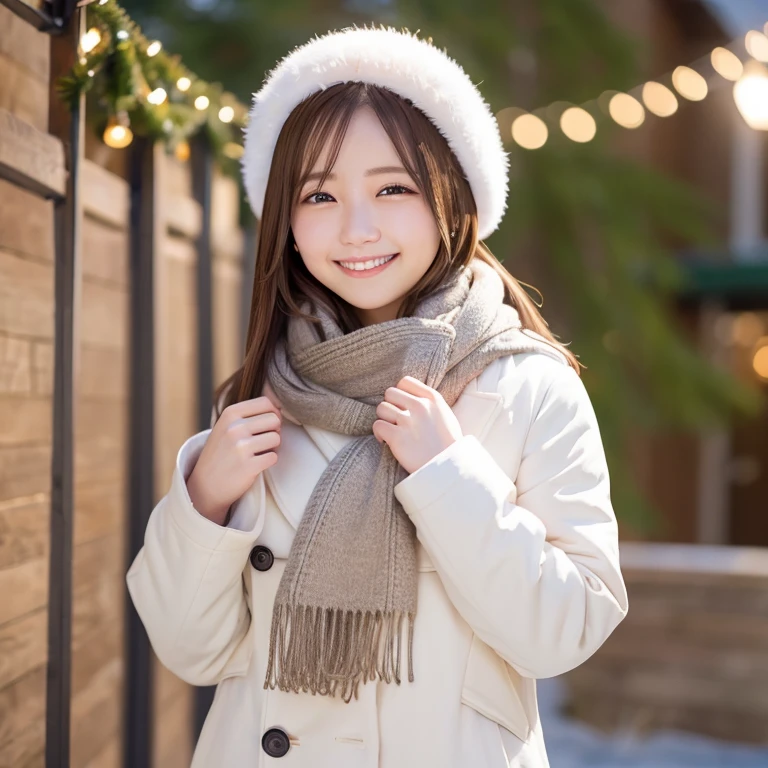 Illumination, Christmas, outdoor, long white coat, smile, brown hair, shoulder length, scarf