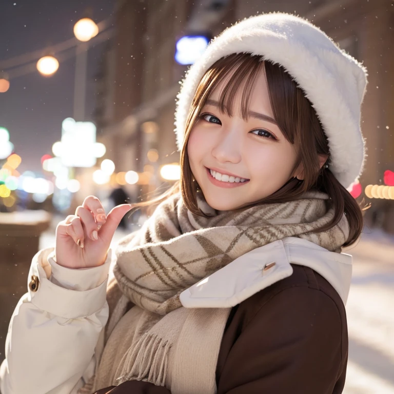Illumination, Christmas, outdoor, long white coat, smile, brown hair, shoulder length, scarf