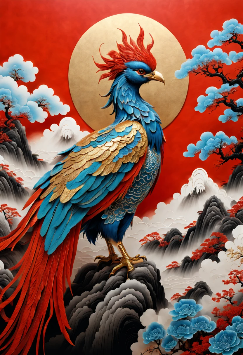 masterpiece,best quality,8k,high detailed,ultra-detailed,An intense visual effect,traditional Chinese culture,national tide painting,red background,gold details,black and white patterns an ancient chinese painting, ancient chinese background,1 Bluebird,Beautiful phoenix,in a sunbeam,Golden-red sun,mountain ranges, Rios,Auspicious clouds,The plumage is cyan,Shimmering with brilliant light。 tmasterpiece, super detailing, Epic work, hyper HD, high high quality, The is very detailed, offcial art, Unity8k wallpapers, super detailing, 32K