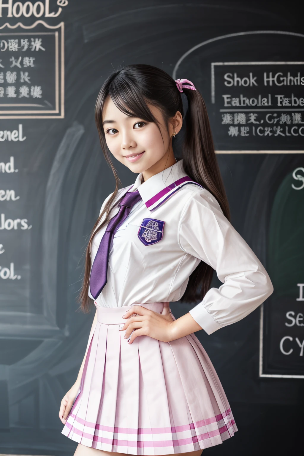 mahoro, 1girl, black hair, solo, double bun, bangs, long hair, twin braids, pink eyes, two-tone hair,school uniform,serafuku, light blue sailor collar, frilled sailor collar,( light blue pleated skirt), (pink bow), frilled dress, classroom, looking at viewer,smile,(best quality, masterpiece) <lora:mahoro_v0_2_prod:1>