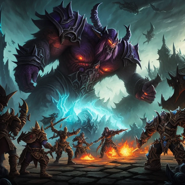 A World of Warcraft style painting，20 players fighting a giant, inhuman enemy