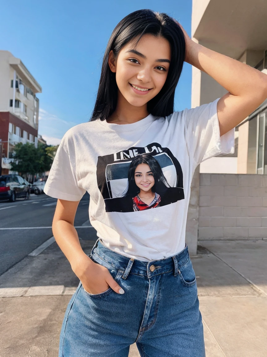 A beautiful 19 year old girl , and black eyes , pure smiling ,medium curved black hair .wears t-shirt on top and jean pants she's very beautiful