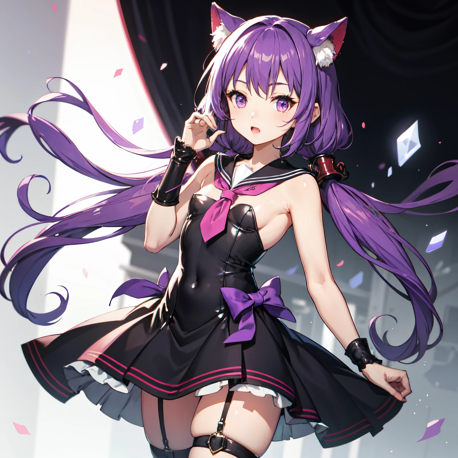 _background,li, purple hair, low twintails, pink eyes, small breasts, purple sailor suite,