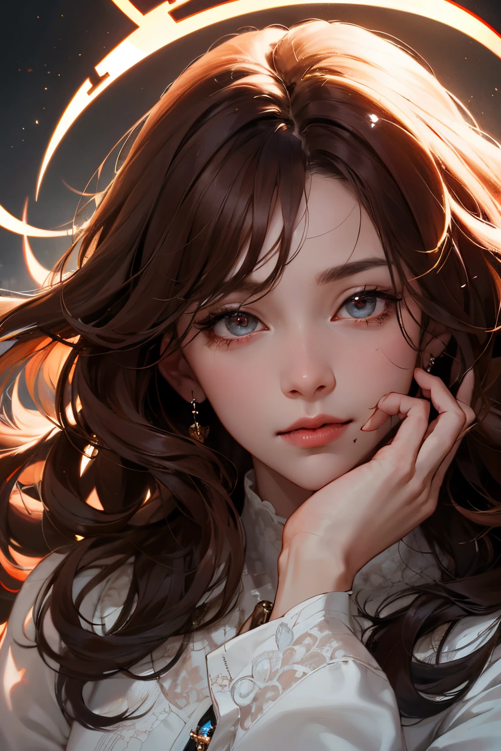 (absurd, high resolution, ultra detailed), 1 woman, mature woman, , long wavy hair, reddish brown hair, coral eyes, bangs, long sleeves, finely detailed eyes and detailed face, extremely detailed unity 8k CG wallpaper, intricate details, ( style-swirlmagic: 1.0)