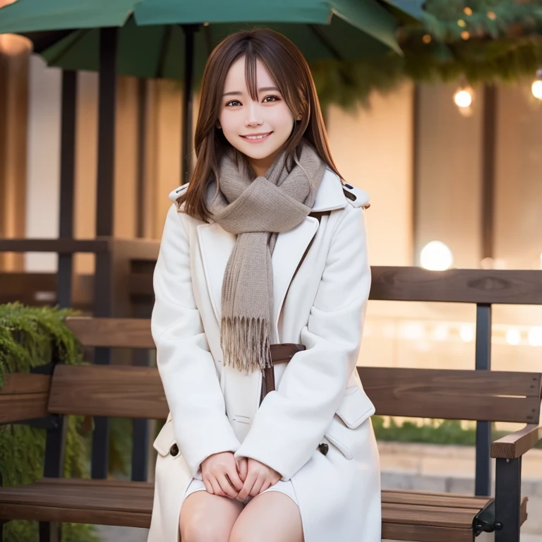 Illumination, bench, sitting, above the knee, Christmas, outdoor, white long coat, smile, brown hair, shoulder length, scarf