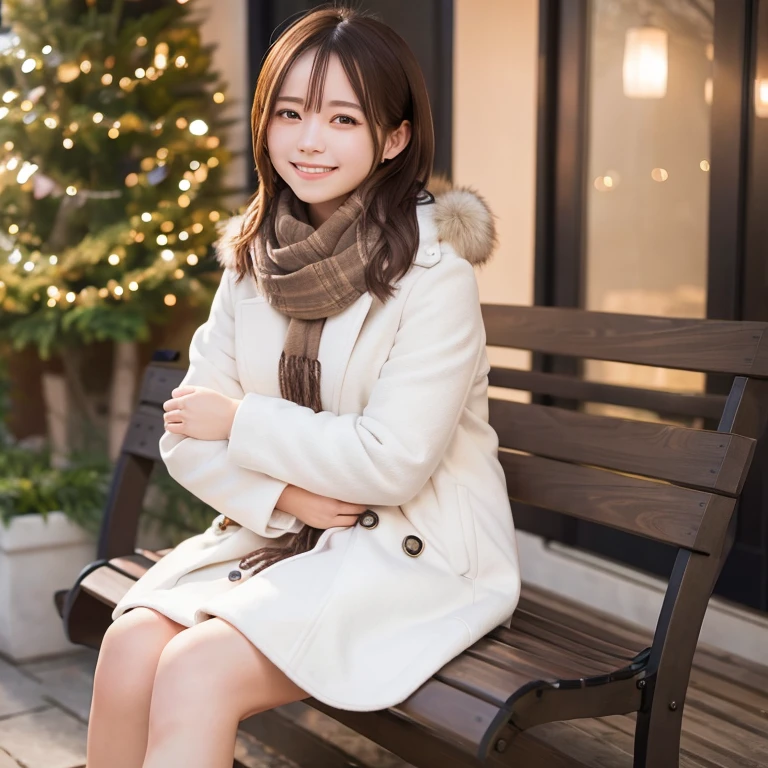 Illumination, bench, sitting, above the knee, Christmas, outdoor, white long coat, smile, brown hair, shoulder length, scarf