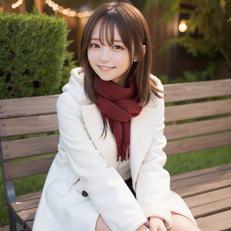 Illumination, bench, sitting, above the knee, Christmas, outdoor, white long coat, smile, brown hair, shoulder length, scarf