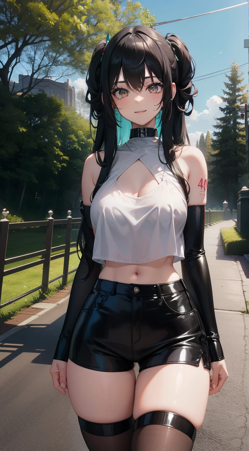 (masterpiece), (best quality), (4k resolution), (anatomy; perfect), gothic Hatsune Miku character, 1 adult girl, light skin, brown eyes, (big black hair), (locks, bangs), tied hair on both sides, (light effects on hair), eyebrow, nose, ear, tight mouth, smile, short black blouse, short black shorts, tight tights, (big chest), (perfect belly), (perfect waist), thick legs, thick thighs, standing, background scenery, in the park, beautiful day, lighting, looking at viewer