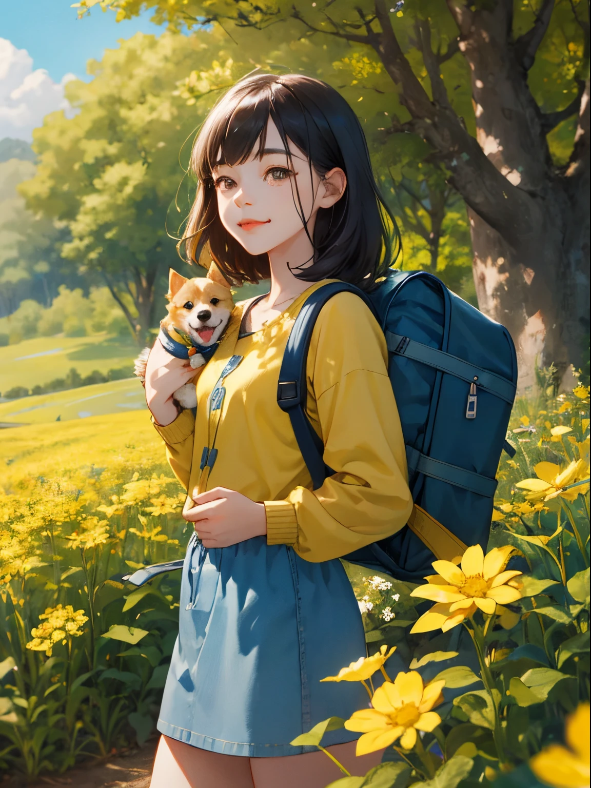An incredibly charming carrying a backpack, accompanied by her adorable puppy, enjoying a lovely spring outing surrounded by beautiful yellow flowers and natural scenery. The illustration is in high definition at 4k resolution, with highly-detailed facial features and cartoon-style visuals.
