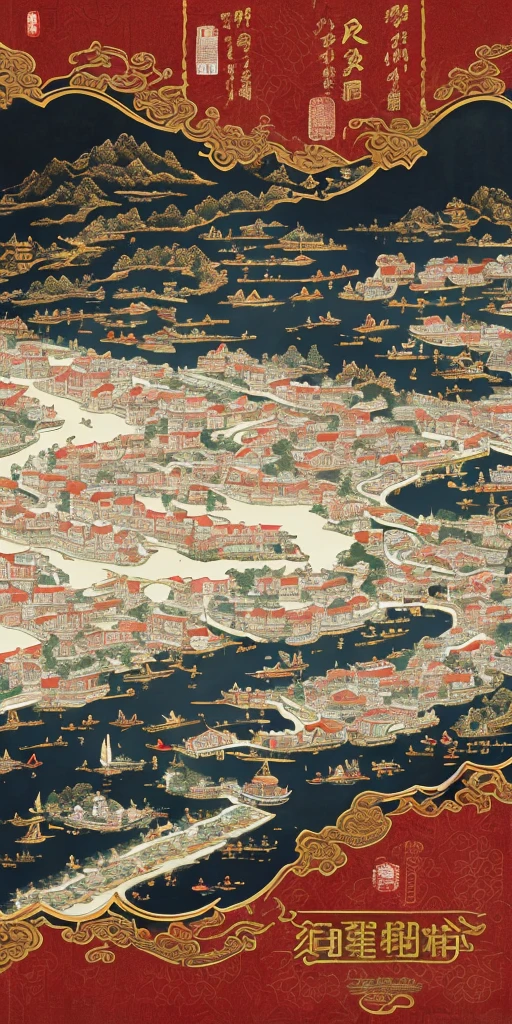 Qingming upper river map，Horizontal layout, A high resolution, Best quality at best, ultra - detailed, dynamic angle, floating, Bustling cityscape, Complicated details, Historic buildings, Flowing rivers, vivd colour, Volumetriclighting, Crowded boats and bridges, Rich cultural background.masterpiece,best quality,8k,high detailed,ultra-detailed，An intense visual effect,traditional Chinese culture,national tide painting,red background,gold details,black and white patterns