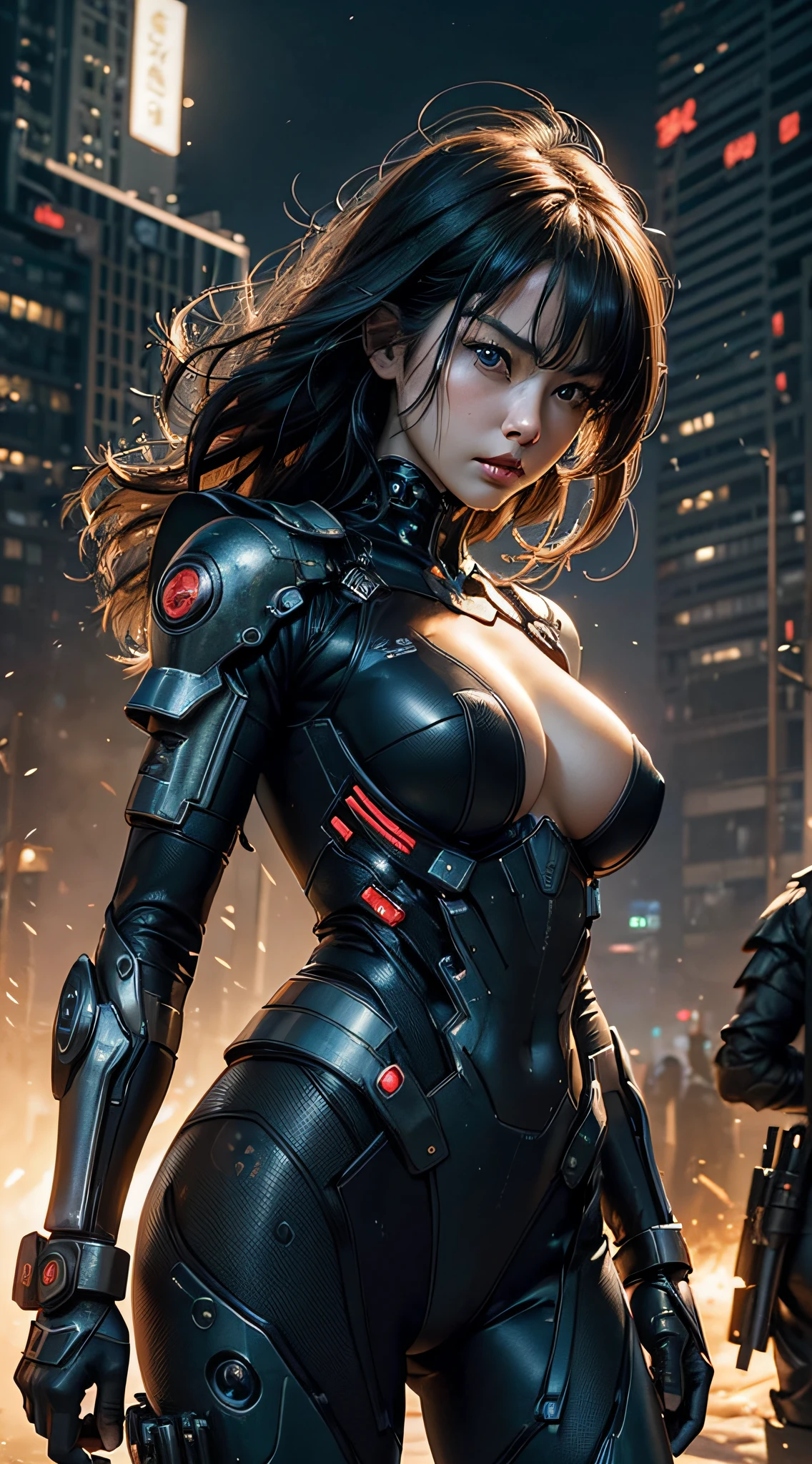 (a closeup:1.4)、(Raw photography:1.2)、(Photorealsitic:1.4)、(​masterpiece:1.3)、(top-quality:1.4)、(Beautiful woman with perfect body:1.4)、Woman standing in front of a group of robots、beautiful android woman、Beautiful Female Soldier、Girl in suit、complex combat uniform、beautiful young  japanese woman、Highly detailed facial and skin texture、Detailed Big Eyes、二重まぶた、cute  face、(huge-breasted)、(FULL BODYSHOT)、cowboy  shot、(angry expressions:1.2)、Storms and epic war scenes、cyberpunk scene、Night、illuminations、combat uniform damage、