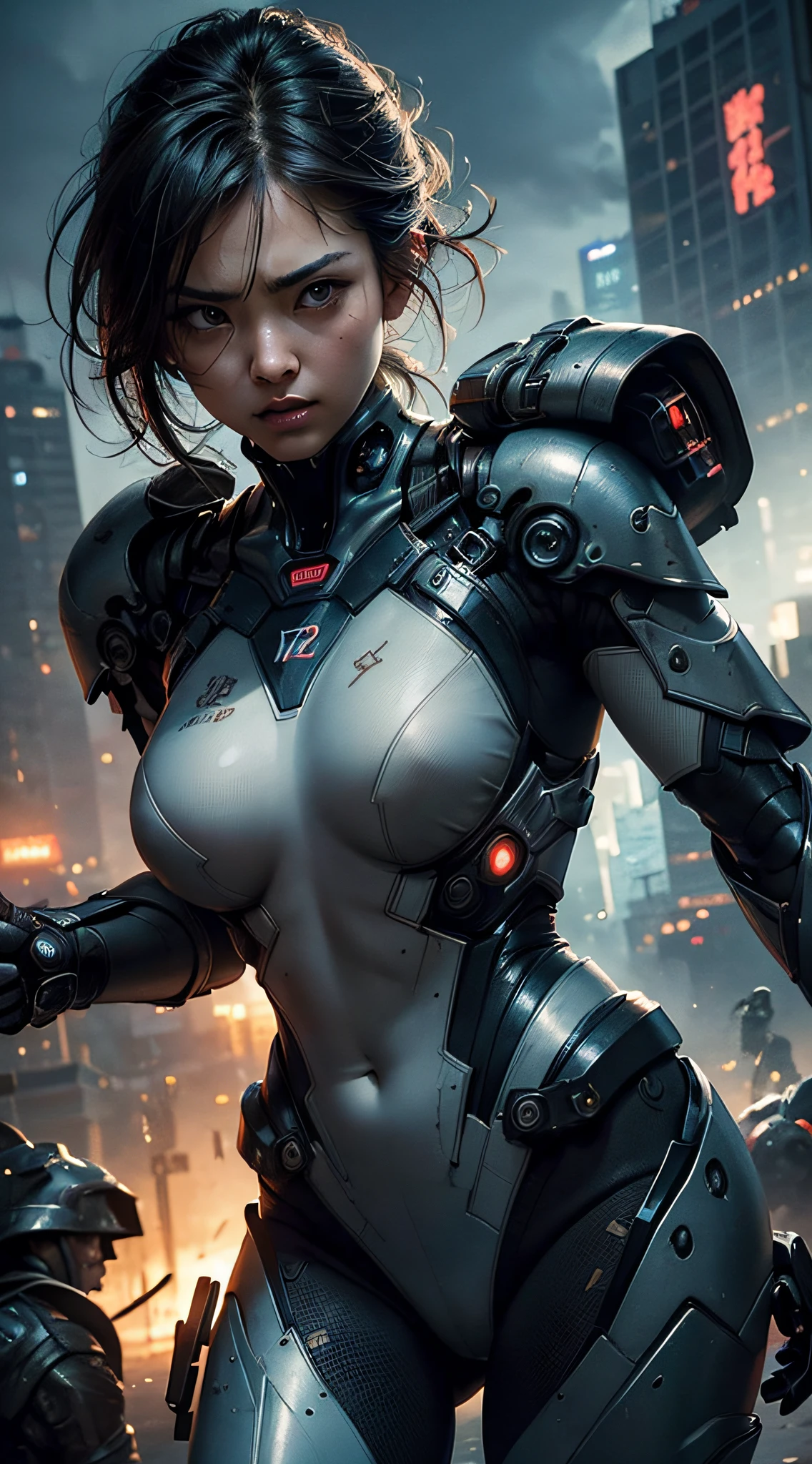 (a closeup:1.4)、(Raw photography:1.2)、(Photorealsitic:1.4)、(​masterpiece:1.3)、(top-quality:1.4)、(Beautiful woman with perfect body:1.4)、Woman standing in front of a group of robots、beautiful android woman、Beautiful Female Soldier、Girl in suit、complex combat uniform、beautiful young  japanese woman、Highly detailed facial and skin texture、Detailed Big Eyes、二重まぶた、cute  face、(huge-breasted)、(FULL BODYSHOT)、cowboy  shot、(angry expressions:1.2)、Storms and epic war scenes、cyberpunk scene、Night、illuminations、combat uniform damage、