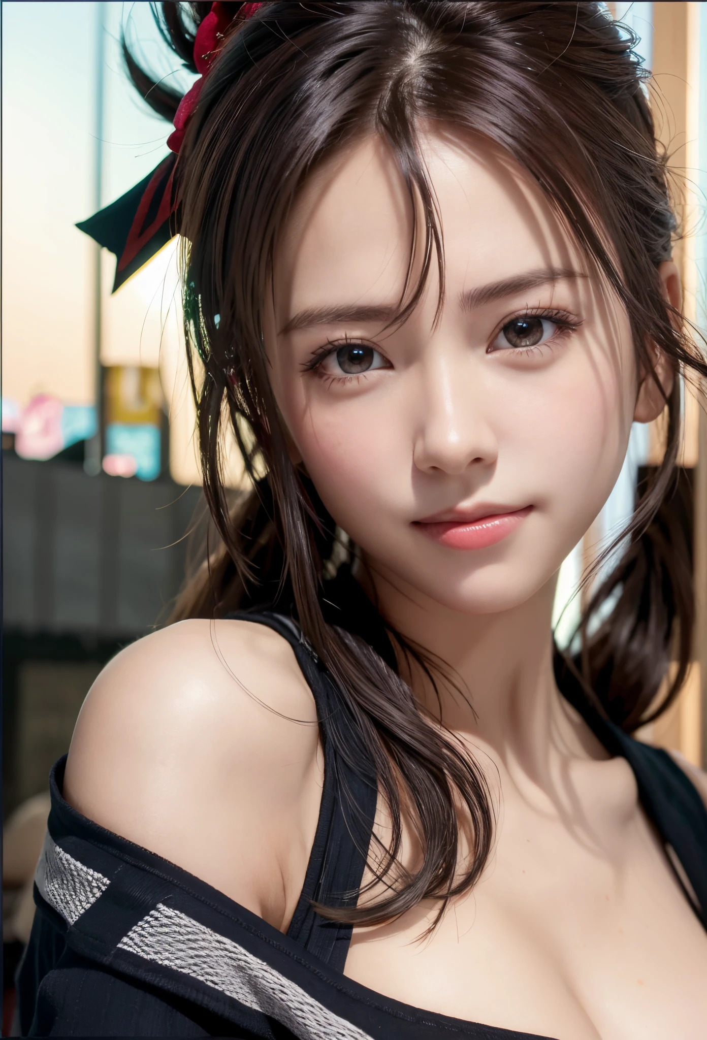 (logo, masterpiece, 8K, Tabletop, RAW Photos, wonderful, 最high quality, Photorealistic and very detailed CG composite 8k wallpaper, high quality, Very detailed, Narrative poem, Particle Effects, Dynamic Effects, Depth of the Boundary, Cinematic Light, Lens flare, Ray Tracing), short hair beautiful young woman, Hair tied back, high detail skin, very fine, fine skin texture, beautiful face, realistic eyes, beautifully detailed eyes, realistic skin, beautiful skin, surreal, smiling eyes, Hair and light eyes, Vibrant, Colorful lights and bokeh. The lighting casts a warm glow on her face and hair, Blue glow, Water surface reflection, Creates a dreamy and magical atmosphere, Big Breasts, Brown Hair, short hair, plump lower lip, pink blush on the cheeks , pink lips, brown tight no-shoulder knit sweater
