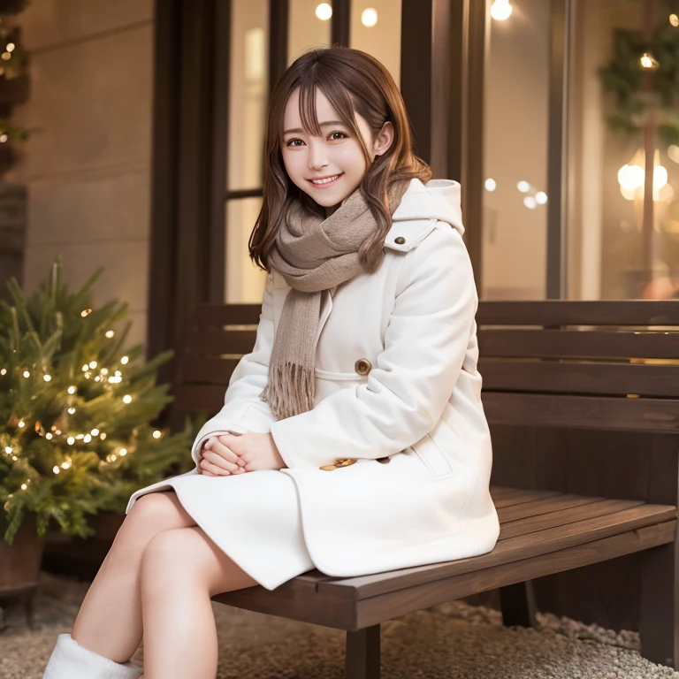 Illumination, bench, sitting, above the knee, Christmas, outdoor, white long coat, smile, brown hair, shoulder length, scarf