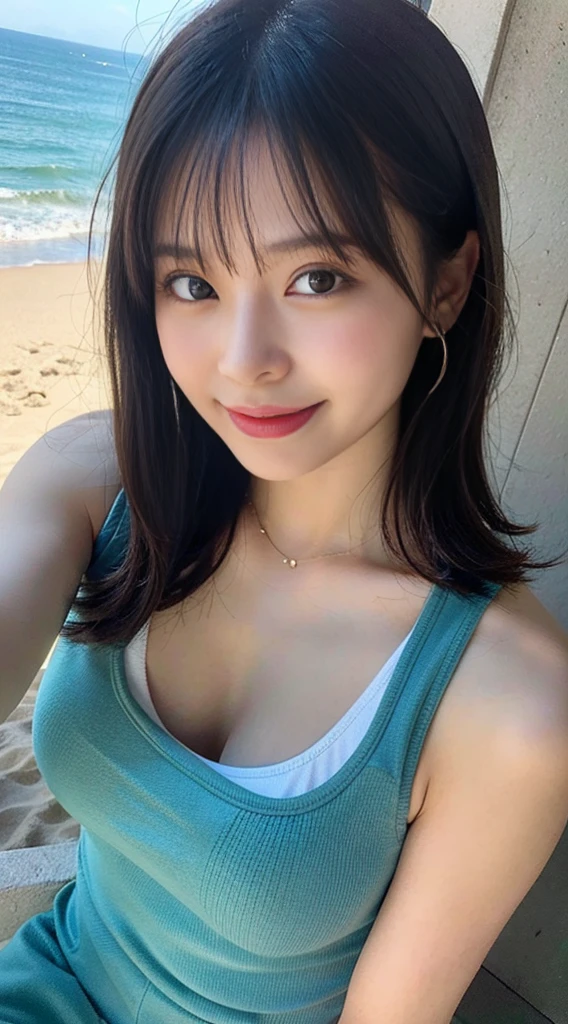 Pose for a selfie,squat down,perspiring, tits out,From above,High angle,Beach,Smiling,(8K, Raw photo:1.2)Detailed face and eyes,Best Quality, 超A high resolution, Highly detailed ,intricate detailes ,masutepiece ,Cute Girl , Soft cinematic light, Hyper-detailing,Sharp Focus, High quality,