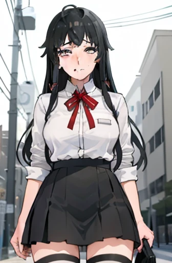(full figure:1.1), 1 girl as yukino yukinoshita, absurdres, highres, solo, school uniform, big breasts, waist long black hair, (twintails:0.5), miniskirt, black thighhigh socks, loose red ribbon, unbuttoned white shirt, (ahegao:1.1), (rolling eyes:1.1), (female masturbation:1.2)