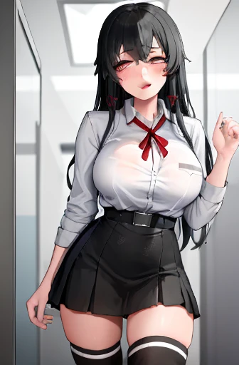 (full figure:1.1), 1 girl as yukino yukinoshita, absurdres, highres, solo, school uniform, big breasts, waist long black hair, (twintails:0.5), miniskirt, black thighhigh socks, loose red ribbon, unbuttoned white shirt, (ahegao:1.1), (rolling eyes:1.1), (female masturbation:1.2)