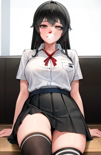 (full figure:1.1), 1 girl as yukino yukinoshita, absurdres, highres, solo, school uniform, big breasts, waist long black hair, (twintails:0.5), miniskirt, black thighhigh socks, loose red ribbon, unbuttoned white shirt, (ahegao:1.1), (rolling eyes:1.1), (female masturbation:1.2)