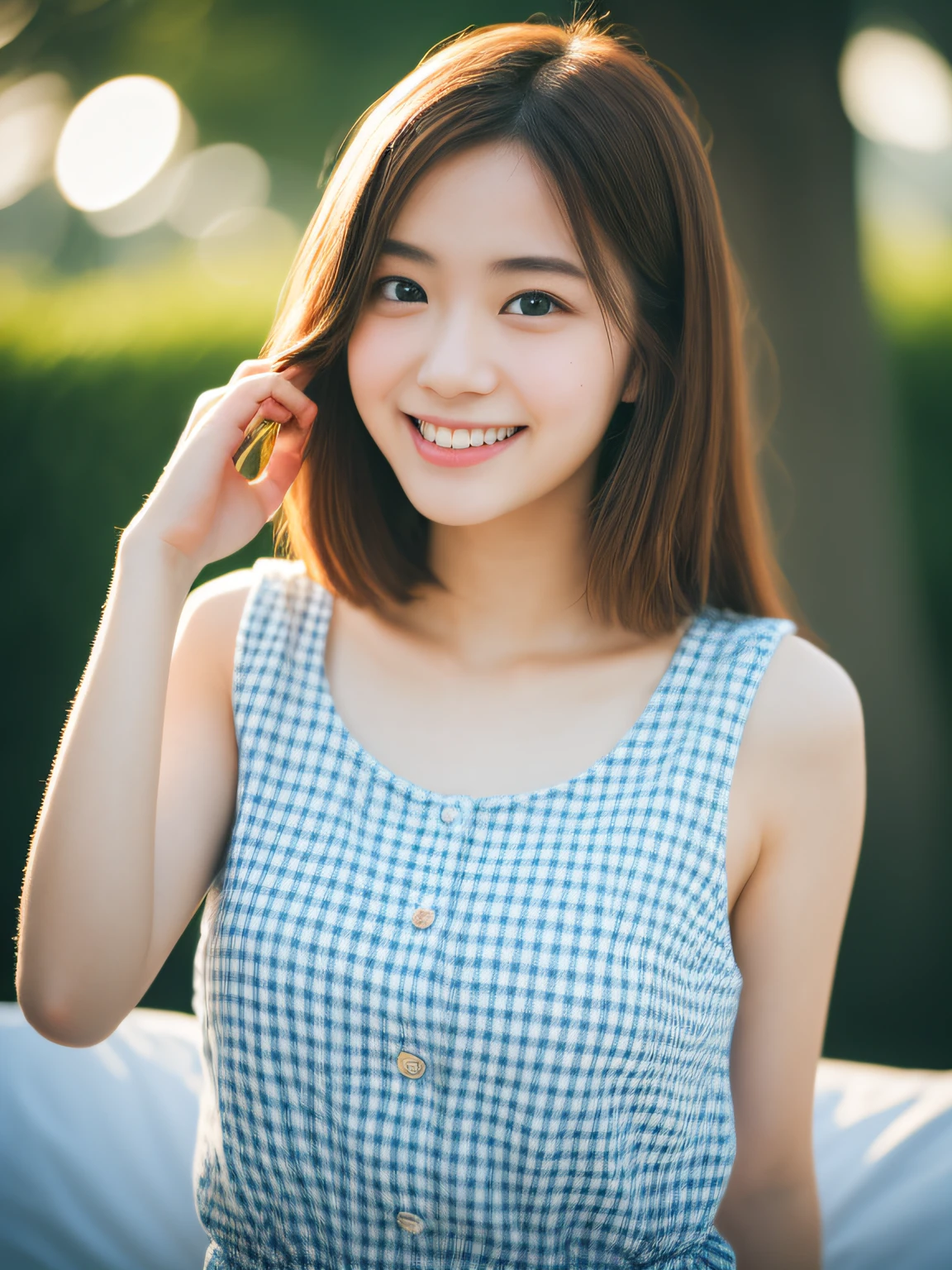masutepiece, Best Quality, 8K, 20yr old, , Raw photo, absurderes, award winning portrait, Smile, Smile, Solo, Idol face, Delicate girl, Upper body, Digital SLR, Looking at Viewer, Candid, Sophisticated, Thin arms, Professional Lighting, Film grain, chromatic abberation, (Eyes and faces with detailed:1.0), (Bokeh:1.1) , huge-breasted , Distant perspective , bed