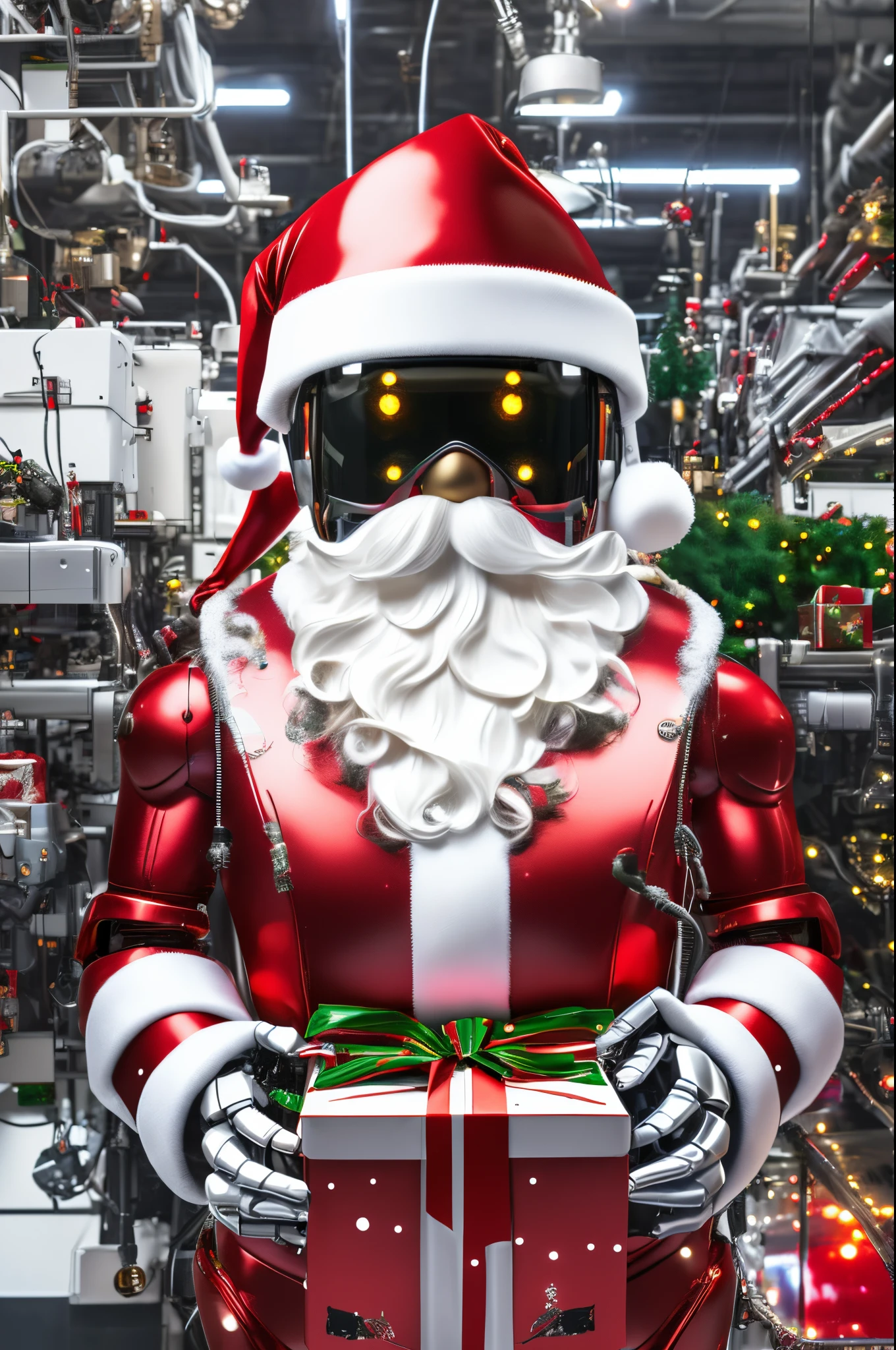 Robot Santa, Futuristic mechanical design，Combining elements of traditional Santa Claus with advanced technology. The robot may have a sleek metal body, Illuminated LED light, and a robotic arm that can efficiently distribute gifts.. It could have a digital display on its face，Imitate Santa&#39;s expression of joy and kindness. The scene can be set in a high-tech workshop full of automated machinery and conveyor belts, Robot Santa is busy preparing and sorting gifts for delivery. This futuristic twist on the traditional Santa Claus blends the magic of Christmas with the innovations of modern technology.