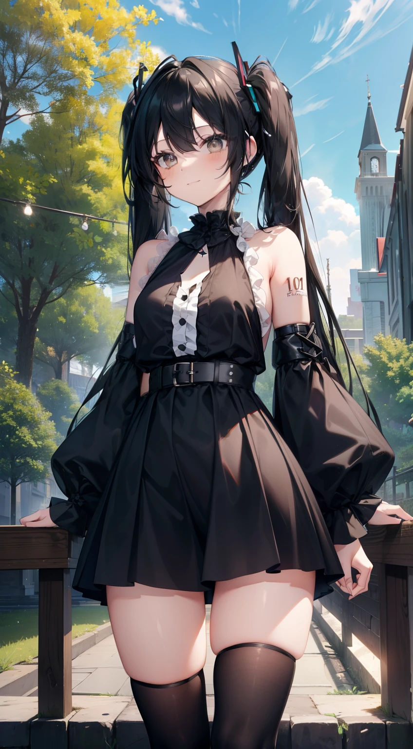 (masterpiece), (best quality), (4k resolution), (anatomy; perfect), gothic Hatsune Miku character, 1 adult girl, light skin, brown eyes, (big black hair), (locks, bangs), tied hair on both sides, (light effects on hair), eyebrow, nose, ear, tight mouth, smile, short black blouse, short black shorts, tight tights, (big chest), (perfect belly), (perfect waist), thick legs, thick thighs, standing, background scenery, in the park, beautiful day, lighting, looking at viewer