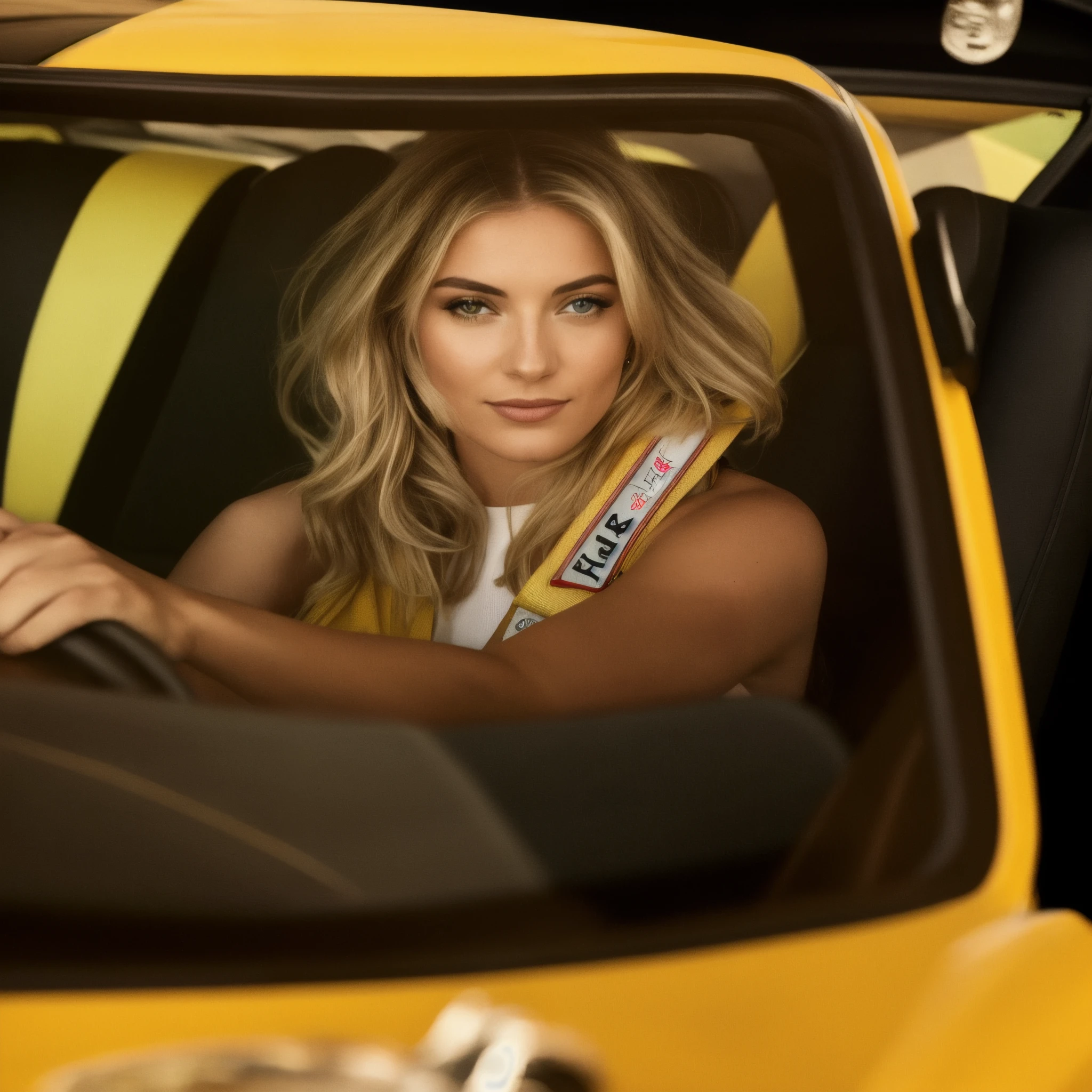 blond woman in yellow car with yellow seat belt and yellow seatbelt, julia sarda, high res, sitting in her car, top down shot, viktoria gavrilenko, lamborghini, cover shot, adi meyers, close portrait, official vuitton editorial, beauty shot, cars portraits, photo still, official photo, mid shot, alana fletcher, kenny schar, solo photoshoot