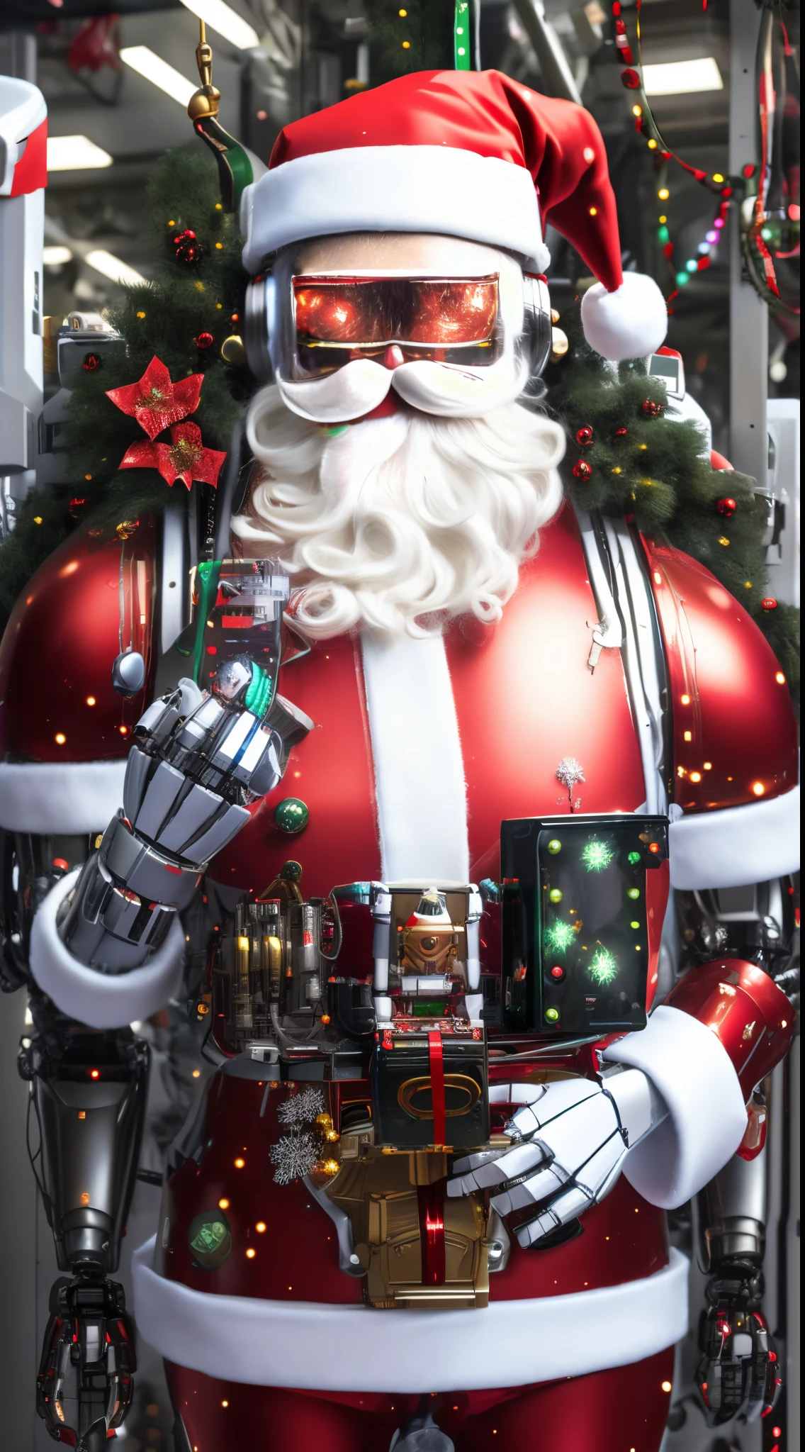 Robot Santa, Futuristic mechanical design，Combining elements of traditional Santa Claus with advanced technology. The robot may have a sleek metal body, Illuminated LED light, and a robotic arm that can efficiently distribute gifts.. It could have a digital display on its face，Imitate Santa&#39;s expression of joy and kindness. The scene can be set in a high-tech workshop full of automated machinery and conveyor belts, Robot Santa is busy preparing and sorting gifts for delivery. This futuristic twist on the traditional Santa Claus blends the magic of Christmas with the innovations of modern technology.