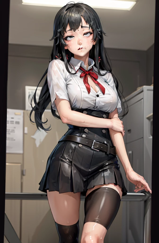 1 girl as yukino yukinoshita, absurdres, highres, solo, school uniform, big breasts, waist long black hair, (twintails:0.5), miniskirt, black thighhigh socks, loose red ribbon, unbuttoned white shirt, (ahegao:1.1), (rolling eyes:1.1), (female masturbation:1.1)