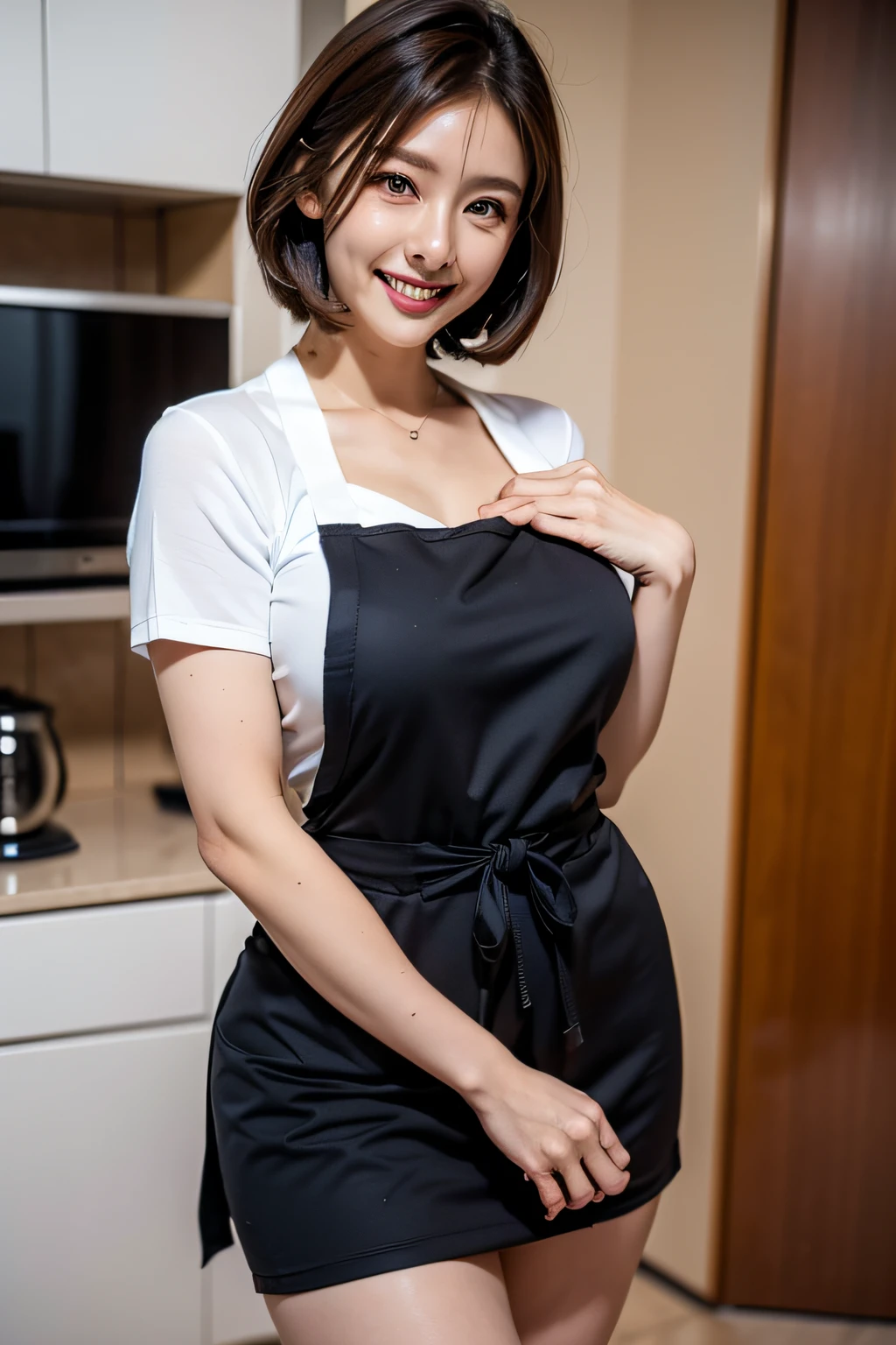 ((The Ultimate Beautiful Japan Woman)), Mature, Beautiful facial features, Detailed lips, inely detailed beautiful eyes, Double eyelids, long eyeslashes, (((White breastplate apron))), smooth brunette bob, (Beautiful teeth alignment), cparted lips, grin, a captivating gaze, thighs thighs thighs thighs, masuter piece, (longest quality), looking at viewert, i&#39;I&#39;m busy cooking, ((Background with: cook a lot in the kitchen)), (Photorealsitic:1.4), (Top image quality:1.0), (超A high resolution:1.0), 8K, Raw photography, (​masterpiece)