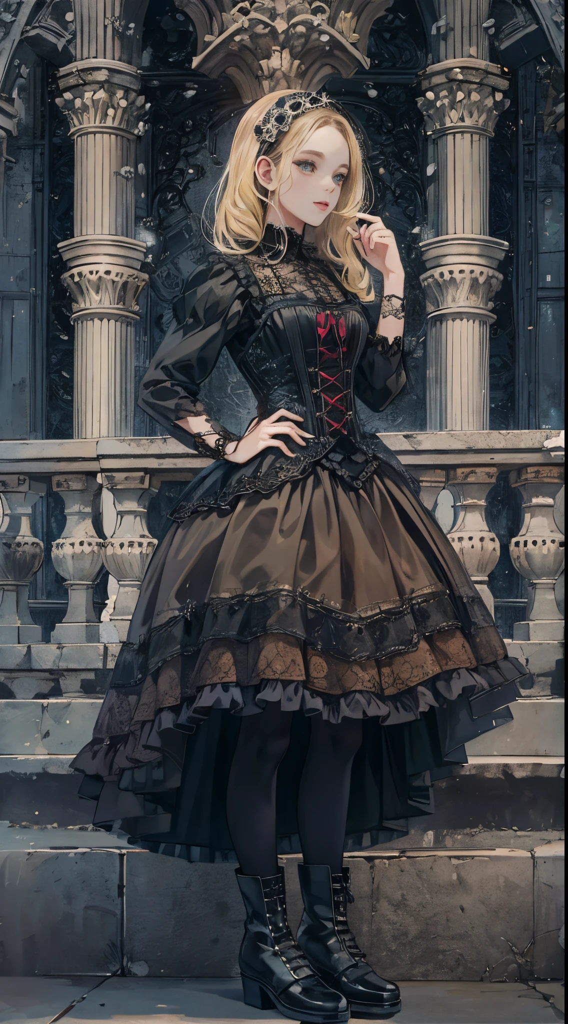 A woman in a dress and boots is standing in front of a building, baroque dress, in detailed steampunk dress, an elegant gothic princess, victorian gothic ****ta fashion, Historical Baroque Dress Dark, black gothic ****ta dress, fantasy style clothing, rococo dress, black rococo, classical witch, fantasy outfit, wearing a gothic dress, romantic dress, gothic dress,a blond,**** student,((Upper body portrait))