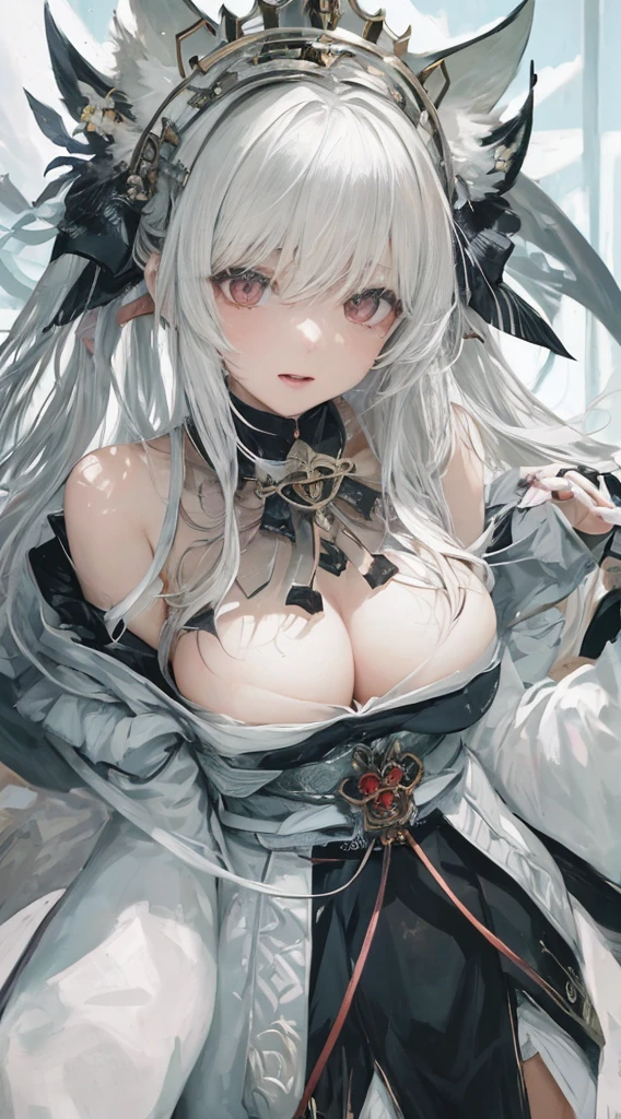 A girl with white hair, fluffy hair, an angelic halo, devil horns, a crown, heart-shaped pupils, heterochromia (different colored eyes), red eyes, yellow eyes, wide-open eyes, fox ears, beast mode, blushing, saliva, fingers smiling, drooling, Towa Kagawa, creepy, traces of saliva, excited, contemptuous, verbal invitation, glowing light, Japanese anime, gothic art, super detailed, 1080p.