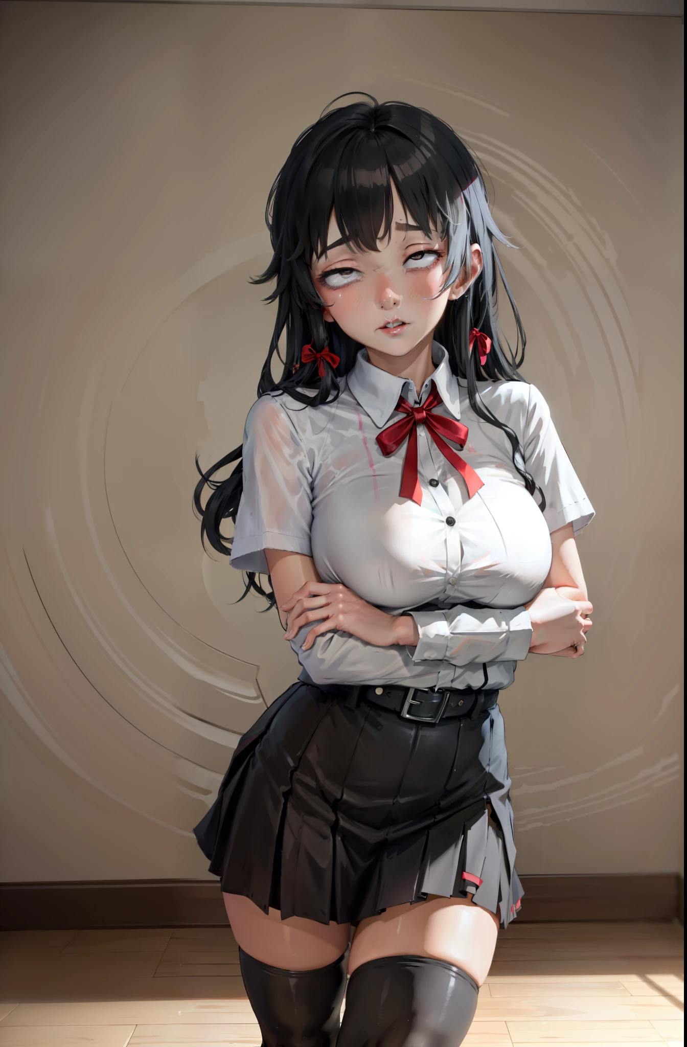 (full figure:1.1), 1 girl as yukino yukinoshita, absurdres, highres, solo, school uniform, big breasts, waist long black hair, (twintails:0.5), miniskirt, black thighhigh socks, loose red ribbon, unbuttoned white shirt, (ahegao:1.1), (rolling eyes:1.1), (female masturbation:1.1)