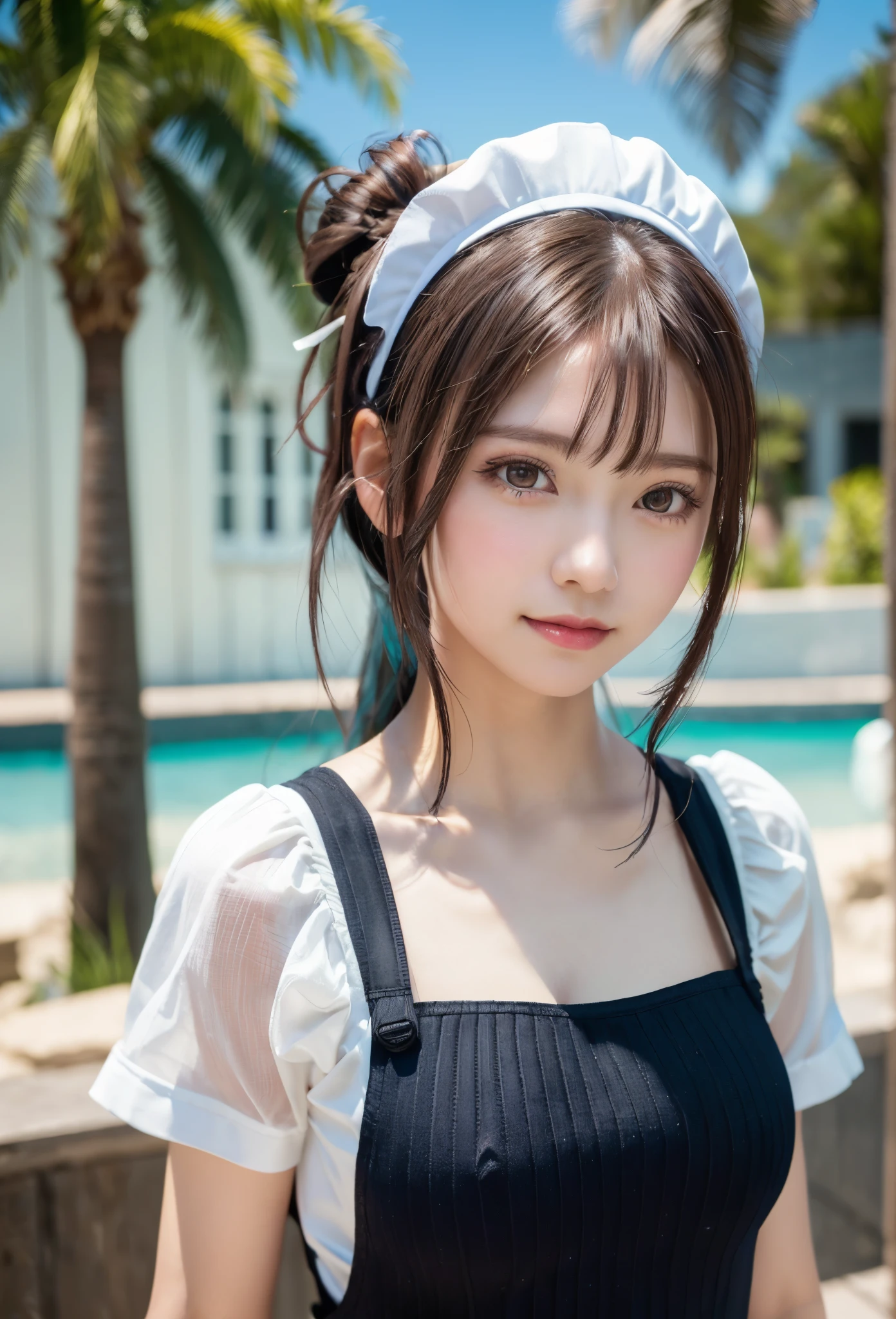 Innocent 20 year old girl、((Maids, A dark-haired, ,pinafore, Maid headdress, Single hair bun, Hair buns, maid apronl, Dramatic poses)),Smile,Sandy beach background,short-cut、Raw photo, (8K、top-quality、​masterpiece:1.2)、(intricate detailes:1.4)、(Photoliasi...