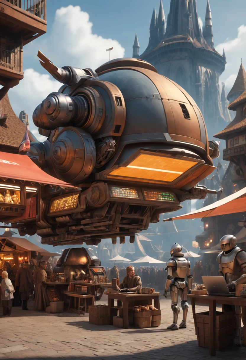 (a bustling medieval SCI-FI market with robots (selling laptops:1.5), horses and medieval soldier ,an spaceship soaring in the sky, a futuristic sci-fi vibe), (best quality,4k,8k,highres,masterpiece:1.2),ultra-detailed,(realistic,photorealistic,photo-realistic:1.37), HDR, UHD, studio lighting, extreme detail description, professional, vivid colors, bokeh, portraits, landscape, Anime, Concept Artists, warm color tones, soft lighting
