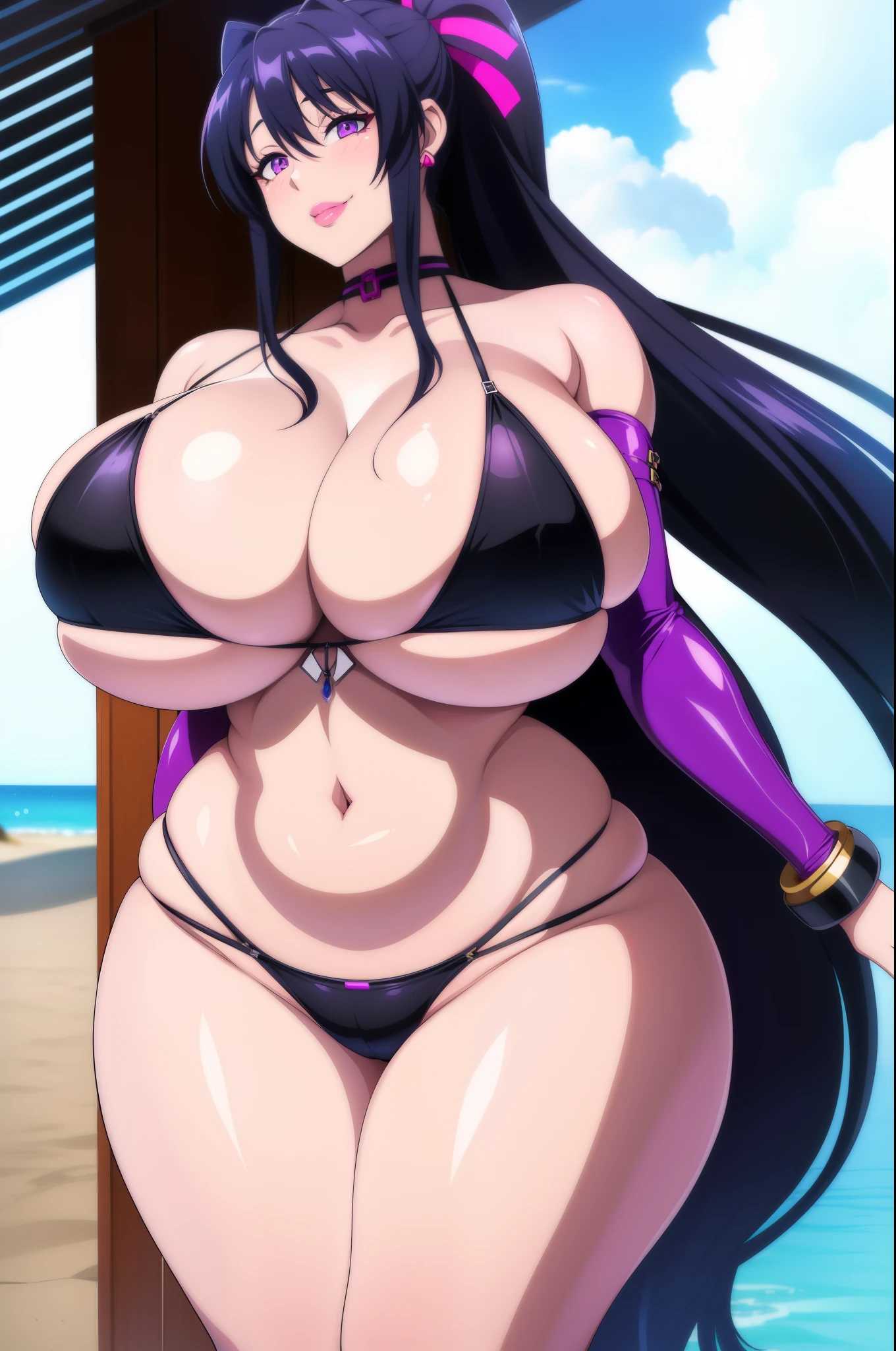 Akeno Himejima, 1girl, (((bimbo))), long blue gray hair, purple eyes, ear ringimbo))), puffy lips, painted lips, thick lips, smile face, wide , thick thighs, huge natural , black ,