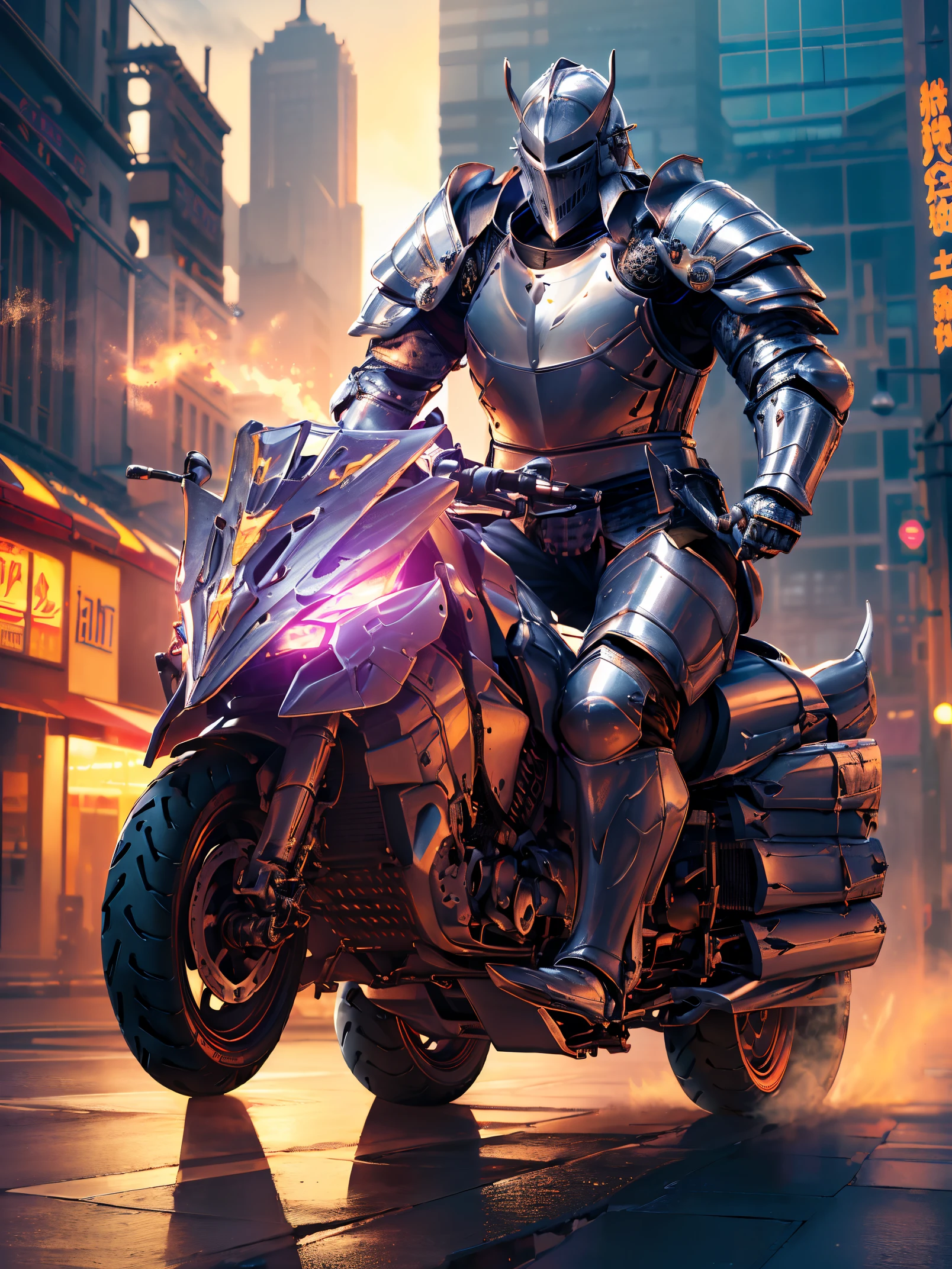 (in 8K, Best Quality, masutepiece:1.2), (Realistic, Photorealsitic:1.5), Ultra-detailed,Best Quality, awardwinning photo, Extreme Detail, very intricate, (((in armor, medieval knight, Riding a large motorcycle:1.5))), Eyes glow, there is an aura in the body, Smoke, ((longshot, FULL BODYSHOT)), ((neon lighting, SF world near future city)), High quality, hight resolution, Professional Lighting,