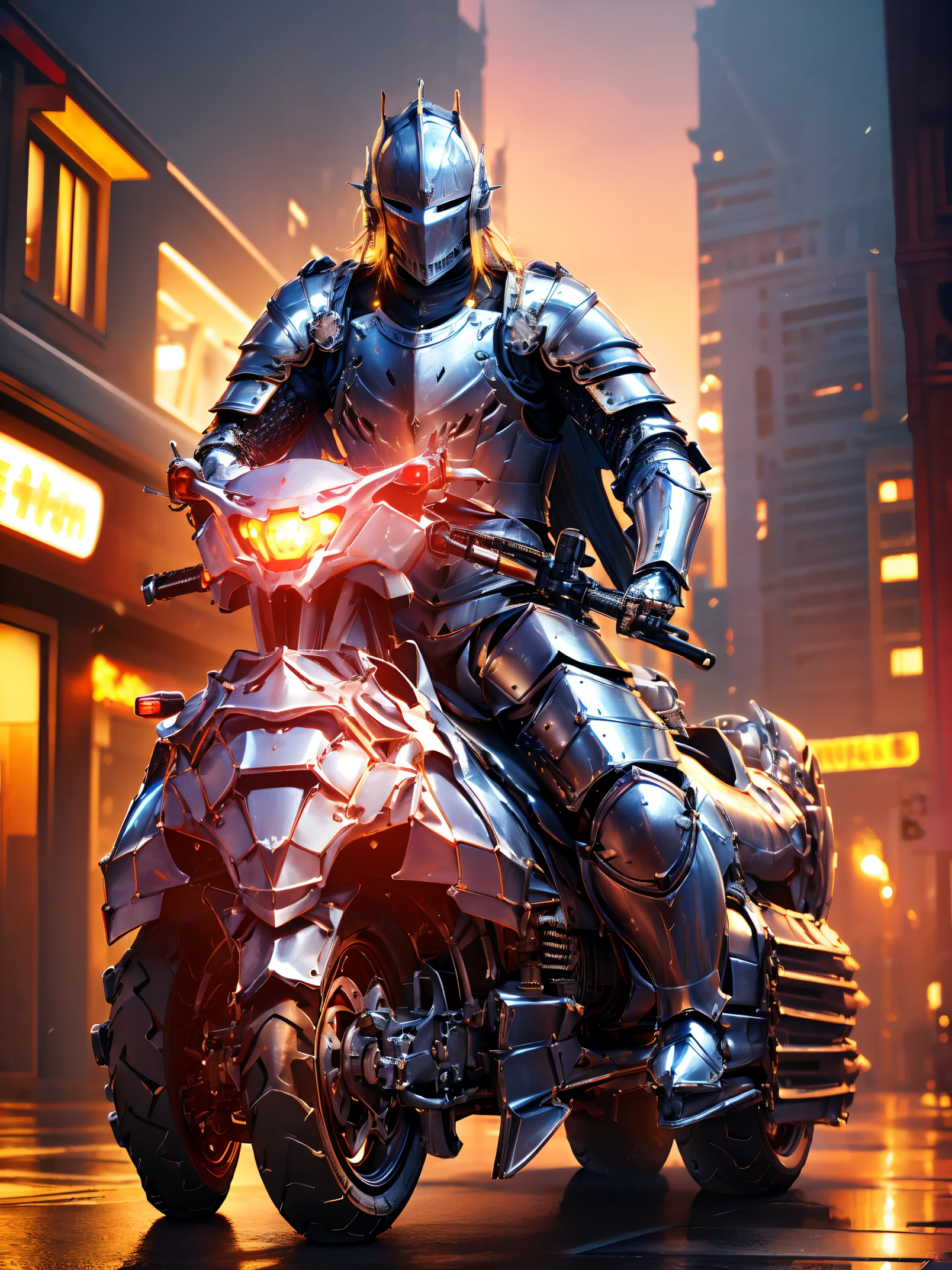 (in 8K, Best Quality, masutepiece:1.2), (Realistic, Photorealsitic:1.5), Ultra-detailed,Best Quality, awardwinning photo, Extreme Detail, very intricate, (((in armor, medieval knight, Riding a large motorcycle:1.5))), Eyes glow, there is an aura in the body, Smoke, ((longshot, FULL BODYSHOT)), ((neon lighting, SF world near future city)), High quality, hight resolution, Professional Lighting,